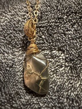Handcrafted Gray Crystal Pendant Necklace with Gold Wire Wrap